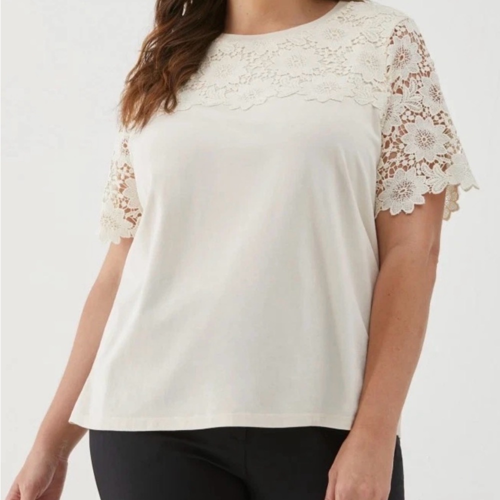 Ella Rafaella Plus Size 3X Lace Yoke Knit Top White‎ Swan Cream Scalloped Lace